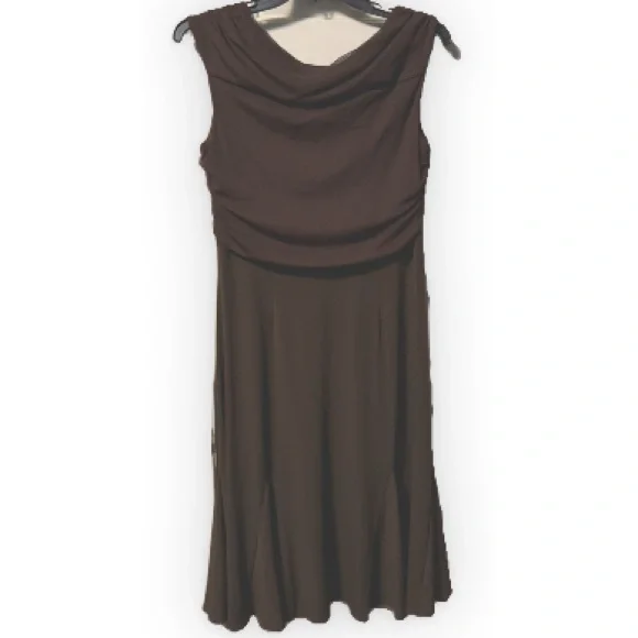 Style & Co Brown Ruched Twist Front Midi Dress | Stretchy Sheer Layered L - Picture 3 of 7